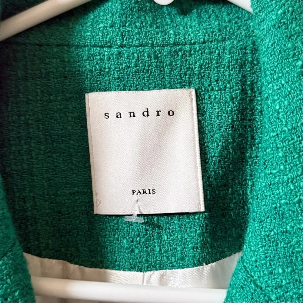 SANDRO Jacy Tweed Double Breasted Blazer Emerald Green Sz 42 EU / US 10